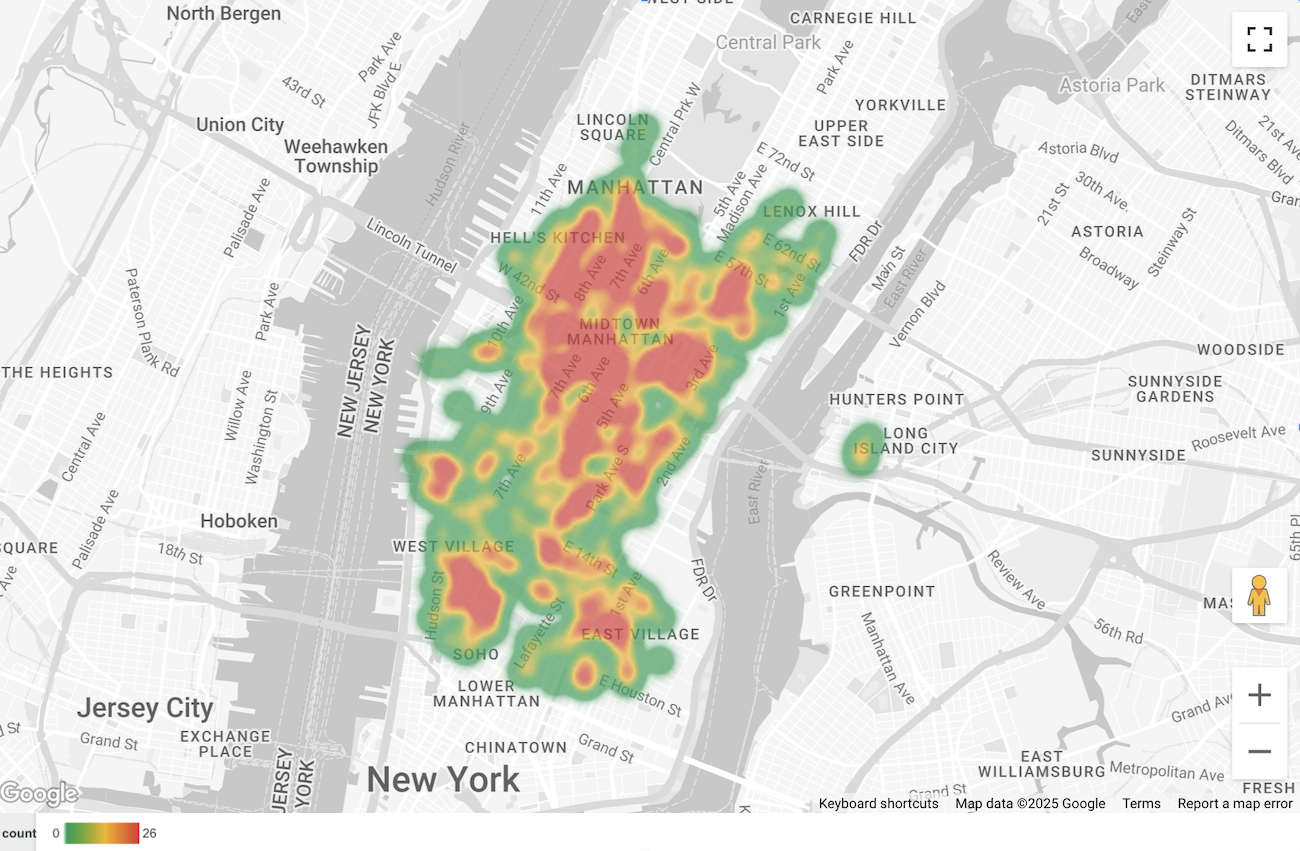 Wyniki zapytania wyświetlane jako wypełniona mapa i mapa termiczna.