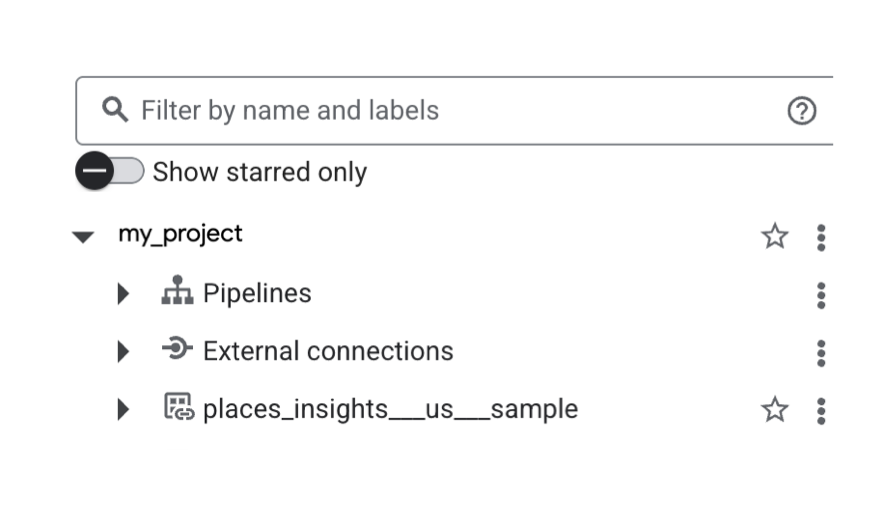 BigQuery 探索器面板中的“纽约市，美国”列表。
