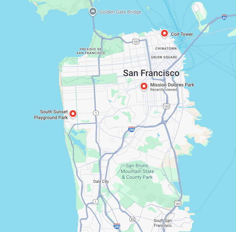 Una mappa di San Francisco con segnaposto per la Coit Tower, il Mission Dolores Park e il South Sunset Playground Park
