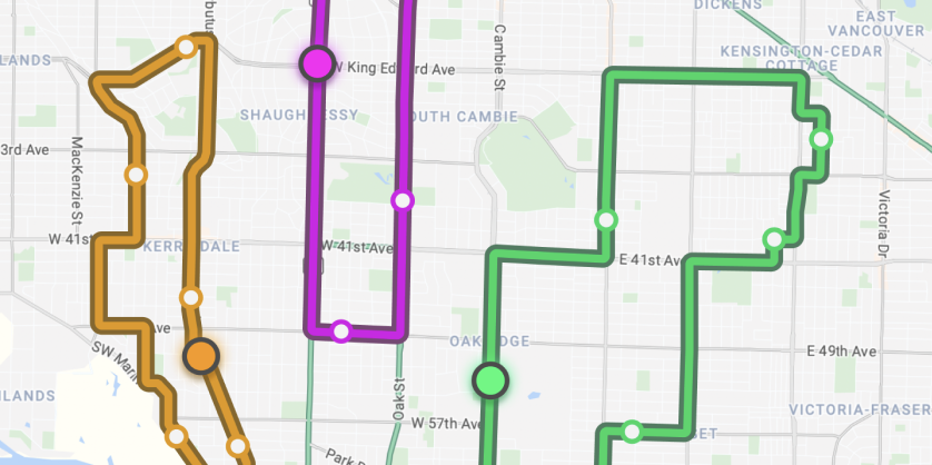 一张地图的屏幕截图，其中三条路线以不同颜色突出显示