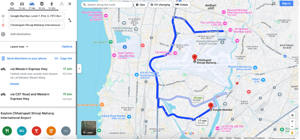 孟买国际机场目的地的地图