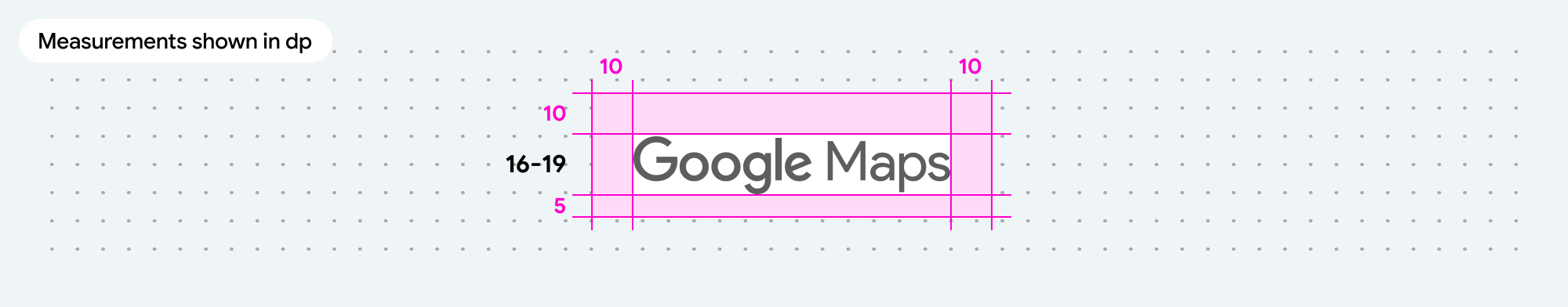 Google Maps का लोगो, जिसमें कम से कम खाली जगह और स्वीकार्य साइज़ रेंज दिखाई गई है