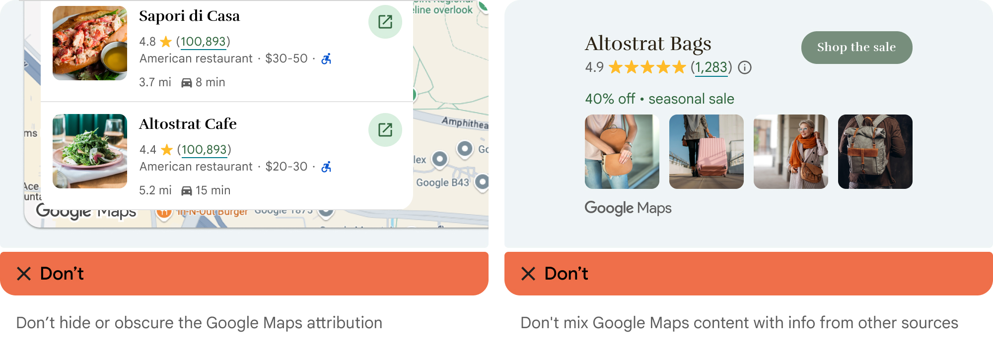 Non oscurare l&#39;attribuzione di Google Maps né mescolarla con contenuti di altre fonti
