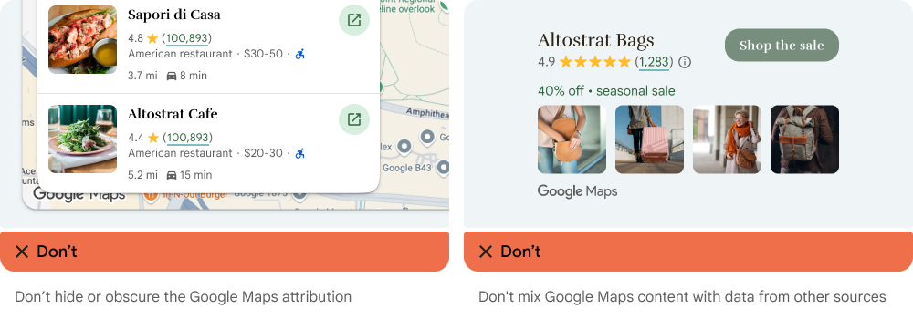 Non oscurare l'attribuzione di Google Maps né mescolarla con contenuti di altre fonti