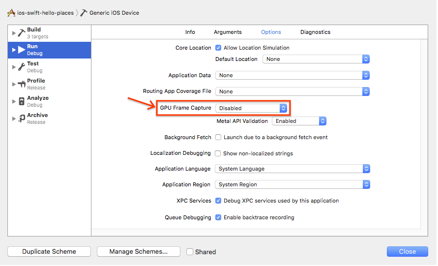 خيار Xcode GPU Frame Capture في صفحة Generic iOS device (جهاز iOS عام)