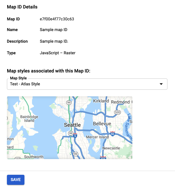 Captura de pantalla en la que se muestra la página de detalles de un solo ID de mapa, incluido el campo desplegable que permite a los usuarios asociar un diseño de mapa con ese ID.