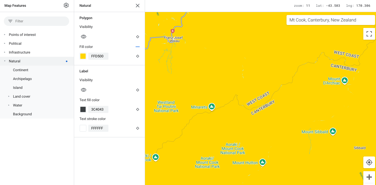 La mappa che mostra tutti gli elementi della mappa naturale è in giallo