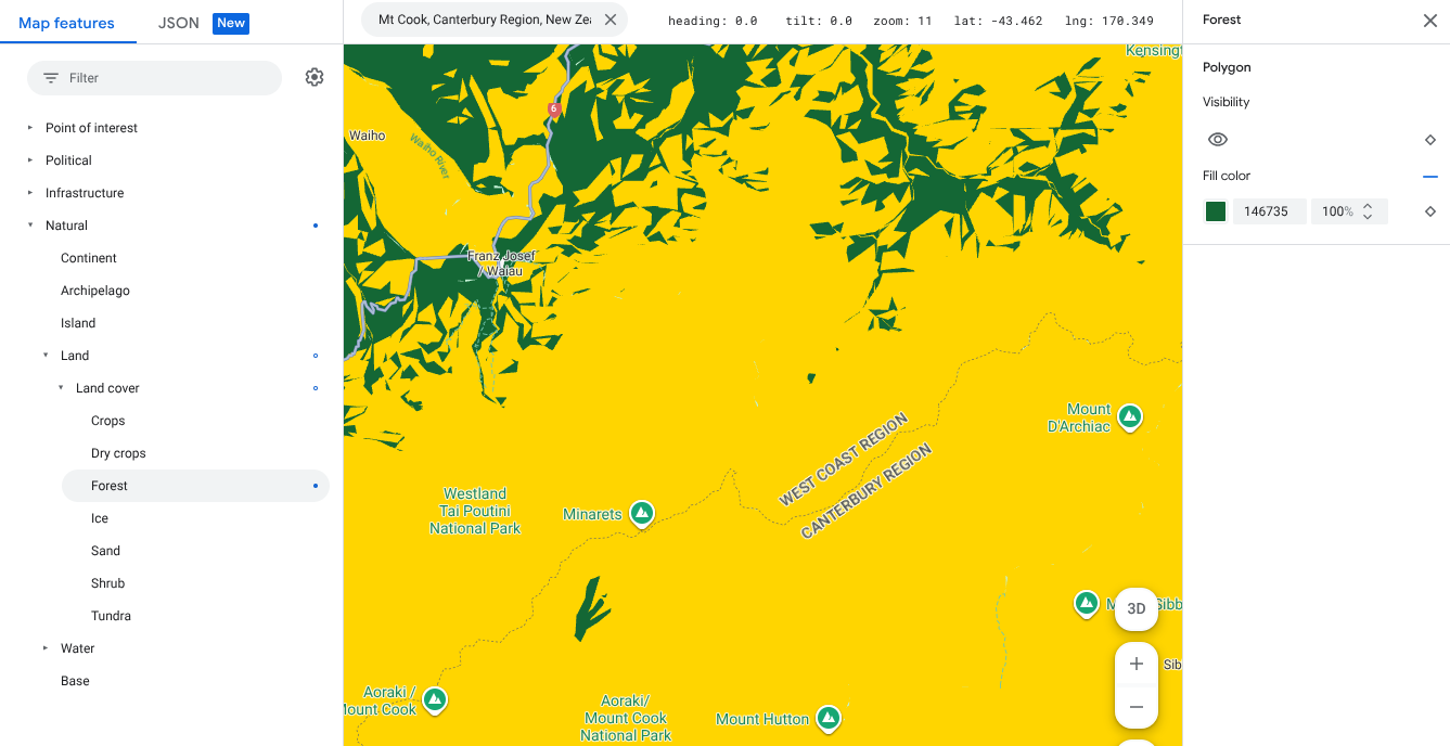 Map showing forest map features are green