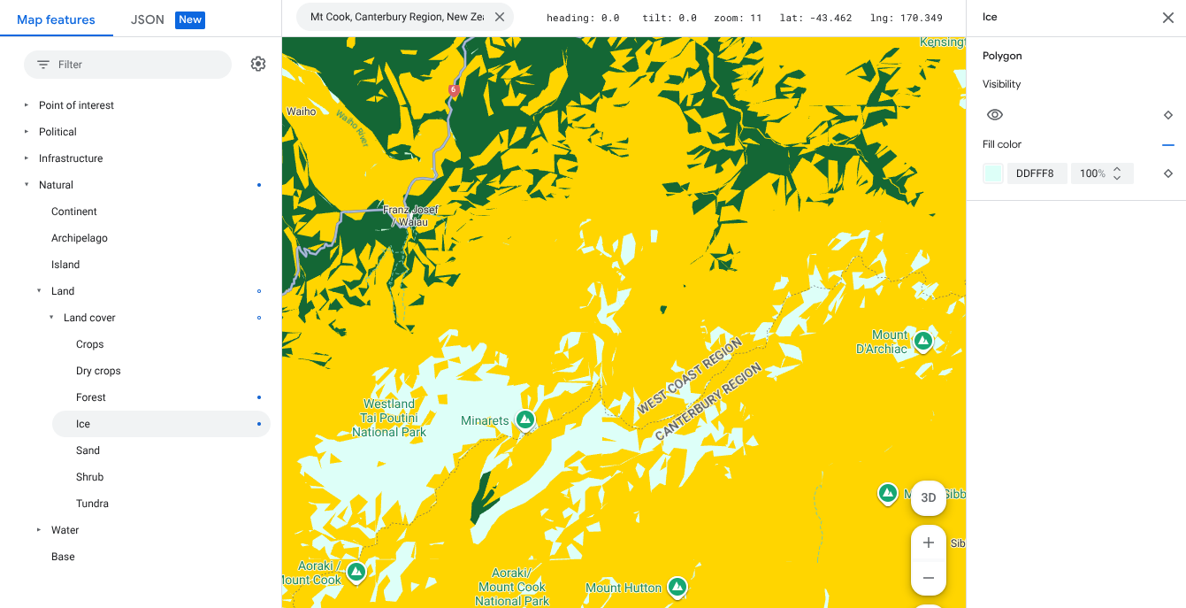Map showing ice map features are pale aqua