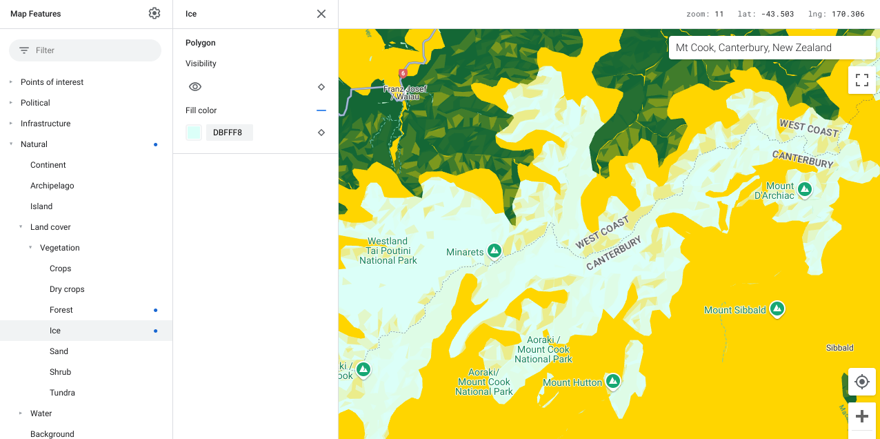 Carte montrant que les éléments cartographiques de type &quot;Glace&quot; sont en turquoise clair