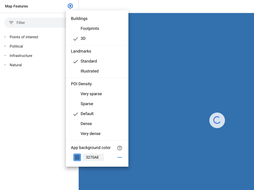 Menú de configuración con la opción Color de fondo de la app destacada con un cuadrado azul. El parámetro de configuración Color de fondo de la app tiene la opción de usar el selector de color o ingresar una cadena hexadecimal.