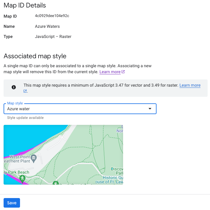 Details page for a map ID, where you associate a map style