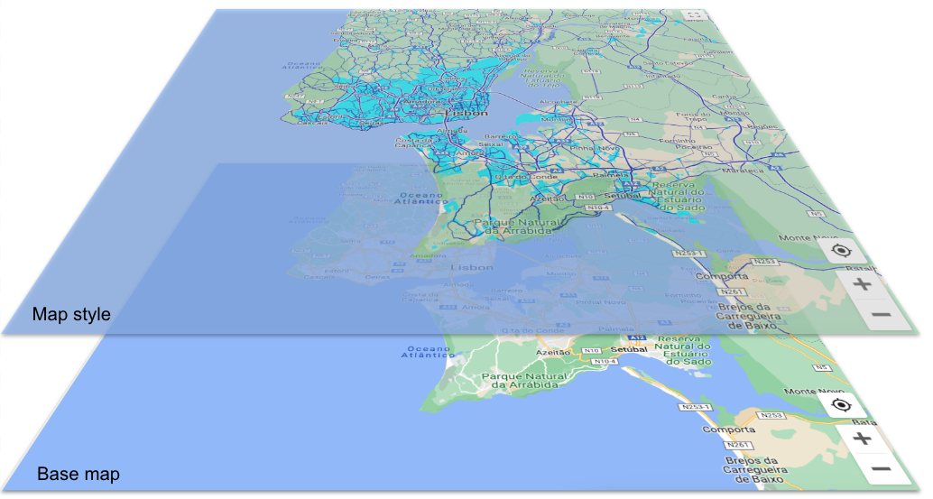 The base map with a map style overlay on top, showing the style elements of aqua urban areas and blue road networks