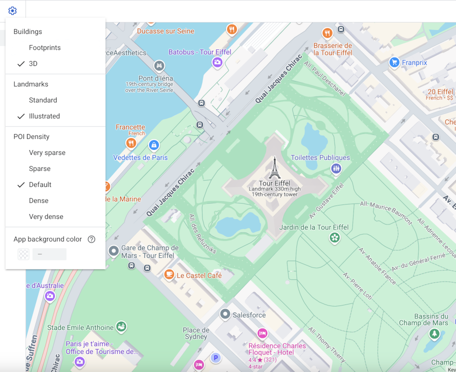 一幅显示 3D 建筑的巴黎地图