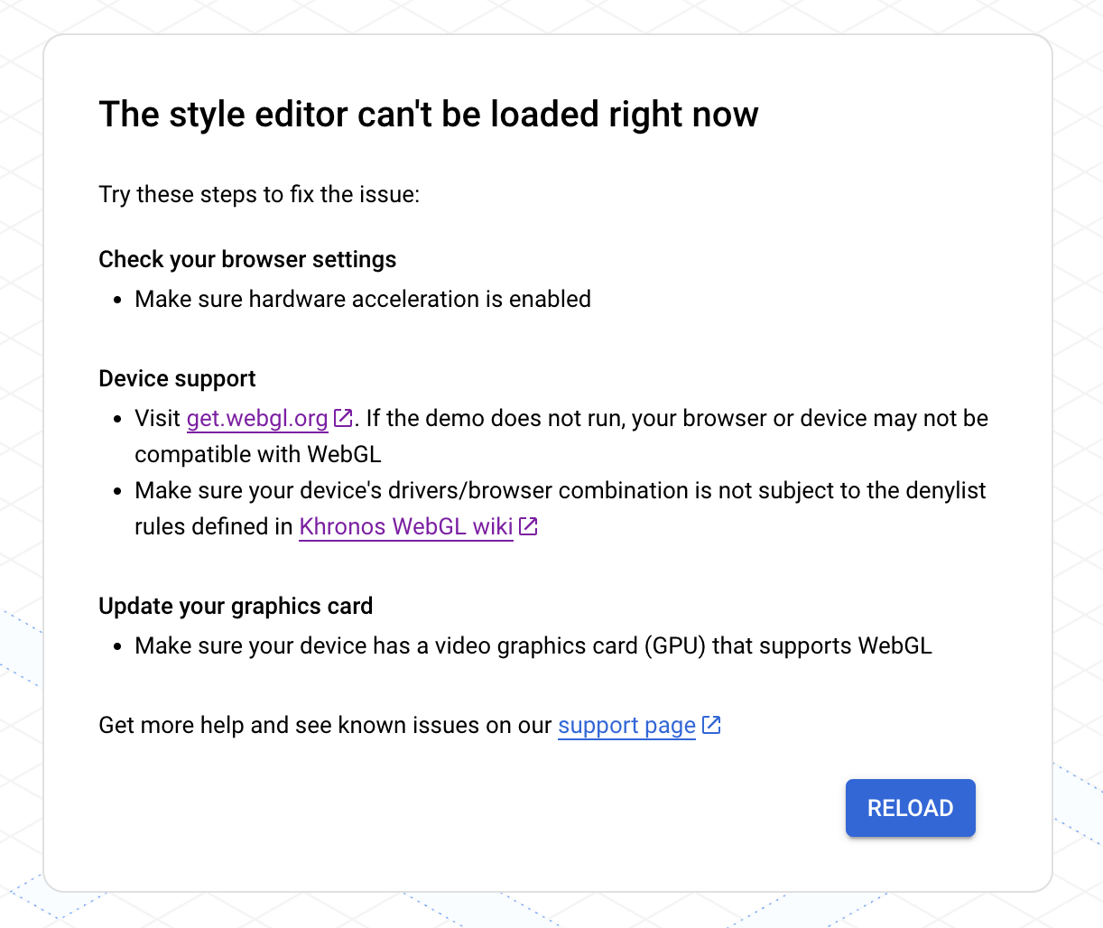 Ví dụ về thông báo cho biết Trình chỉnh sửa kiểu hiện không tải được cùng với một số bước khắc phục lỗi.
