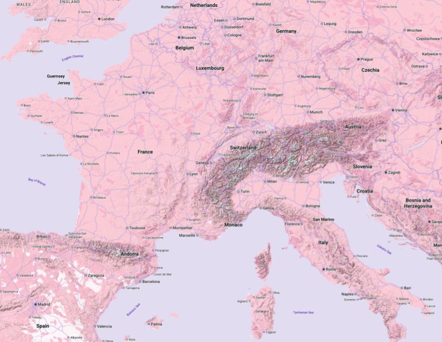 フランスとモナコの地形図。水と陸地がピンク色で表示されている。