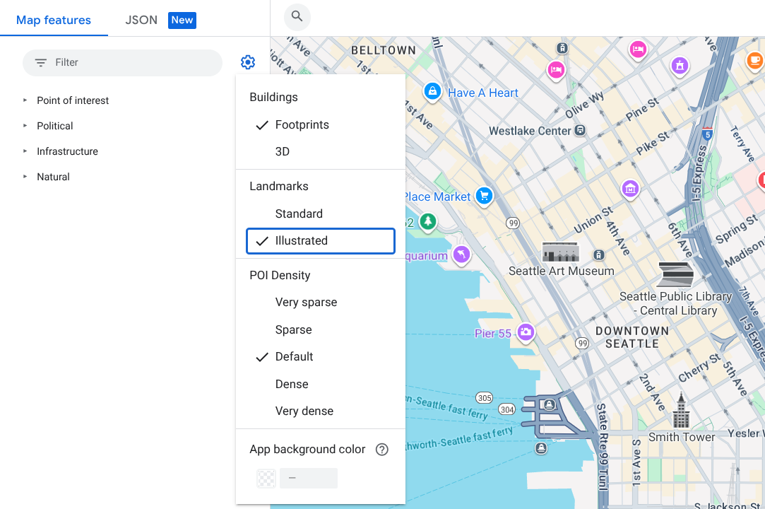 Mapa centrum Seattle z charakterystycznymi ikonami ważnych miejsc: mała czarno-biała ilustracja przedstawiająca dane ważne miejsce, np. Smith Tower. Te znaczniki są około 2–3 razy większe od standardowego znacznika POI, wliczając w to tło znacznika.