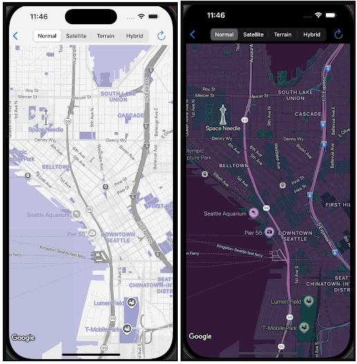 Due schermate dell&#39;app che mostrano la mappa in modalità Buio e Chiaro