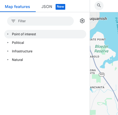 地图功能面板，其中包含过滤条件框以及“地图注点”“政治”“基础设施”和“自然”父功能的展开式列表。