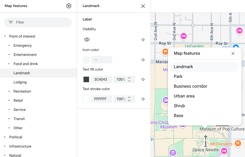 The Landmark map feature is selected in the map inspector and the Map Features panel expands to show the customizable style elements.