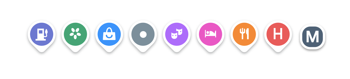 Nueve ejemplos de los nuevos marcadores modernizados que son más redondos y tienen colores más vibrantes para combinar con el nuevo estilo del mapa