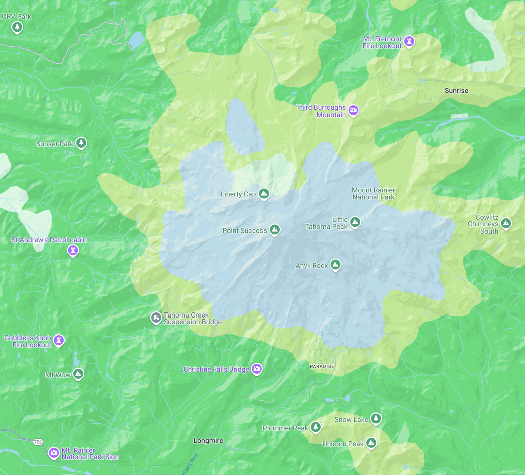 Mapa expresivo en el que se muestra Mount Rainier en azul, rodeado de verde, que representa a un parque