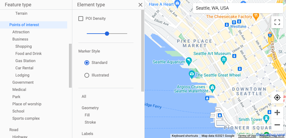 一个地图的屏幕截图，其中显示了标准 Google 地图注点标记：一个泪珠形蓝绿色字形图标上有一个白色小图标。