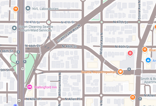 The same Seattle map at zoom level 17 and all the roads are now a beige color
because they have switched to the Surface map
feature.