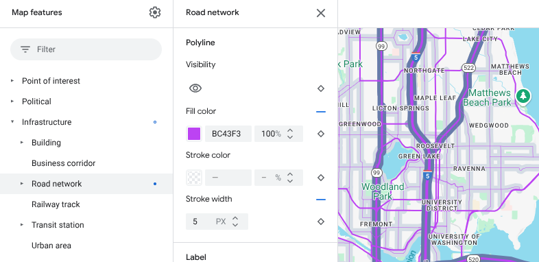 Map style showing road network fill color changes