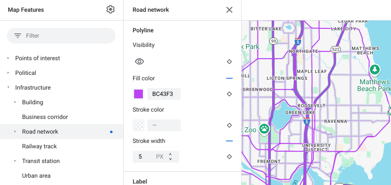 道路網の塗りつぶしの色が変更された地図のスタイル