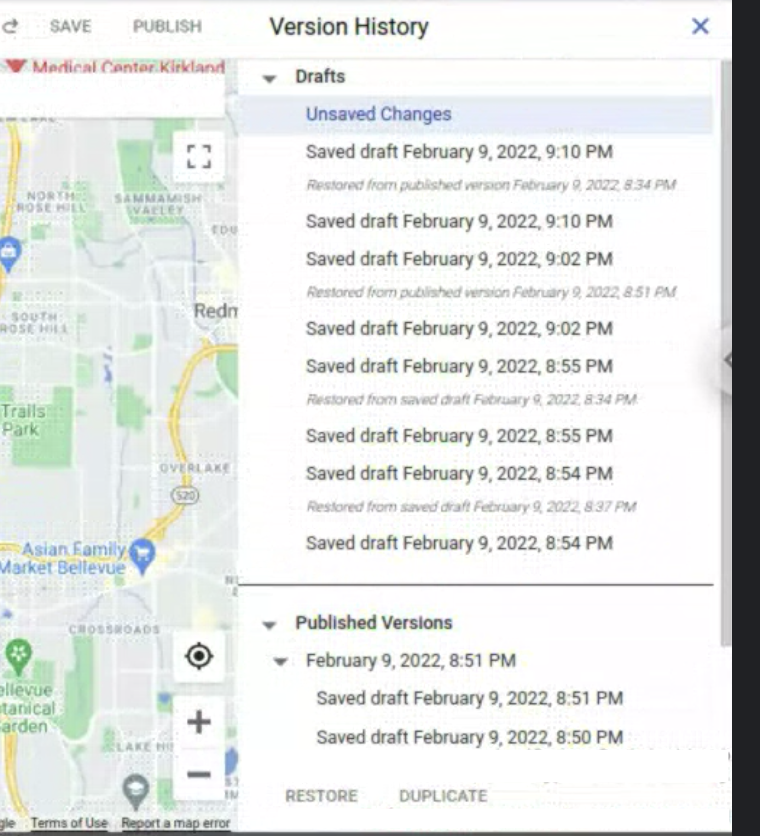 Google ক্লাউড কনসোলে মানচিত্র শৈলীর সংস্করণ ফলকের একটি স্ক্রিনশট৷ সংরক্ষণ করুন এবং প্রকাশ করুন বোতামগুলি ফলকের উপরে রয়েছে, সংস্করণ-নির্দিষ্ট পুনরুদ্ধার এবং ডুপ্লিকেট বোতামগুলি সংস্করণ ইতিহাস ফলকের নীচে রয়েছে এবং বেশ কয়েকটি খসড়া এবং প্রকাশিত সংস্করণ তালিকাভুক্ত রয়েছে৷