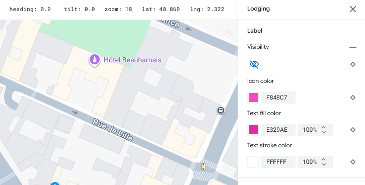 「Lodging」(住宿) 的「Visibility」(顯示設定) 為「Off」(關閉):不顯示飯店