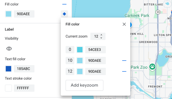 Nel riquadro degli stili dei livelli di zoom viene visualizzato un nuovo stile per il livello di zoom 12 corrente con il valore predefinito della mappa di base.