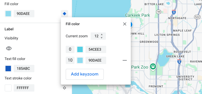 Um menu que mostra todos os estilos de keyzoom e um seletor para o nível de zoom atual