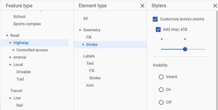 Screenshot der drei Editorbereiche für Unterelemente im Kartenstil-Editor. Der Elementtyp „Autobahn“ und der Unterelementtyp „Strich“ sind ausgewählt. Das Kästchen für „Zoomstufen anpassen“ hat ein Häkchen und über dem Schieberegler werden zwei blaue Punkte angezeigt, die auf zwei benutzerdefinierte Zoomstufen verweisen.