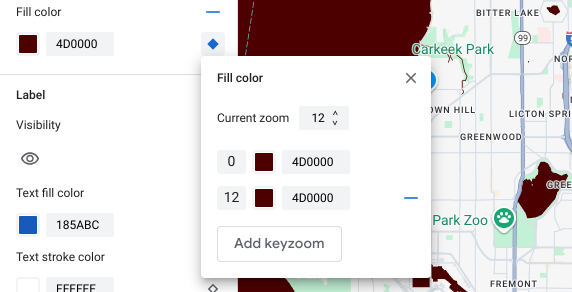 La couleur de remplissage de l&#39;élément aquatique est définie sur rouge foncé. Dans le volet du style selon le niveau de zoom, le keyzoom ajouté est également défini sur rouge foncé.