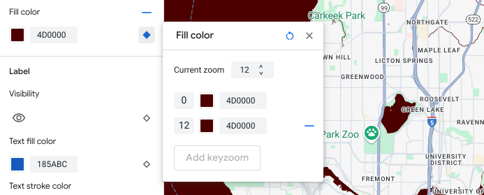 The fill color for the water element is set to dark red. In the zoom-level styling pane, the added keyzoom is also set to dark red.