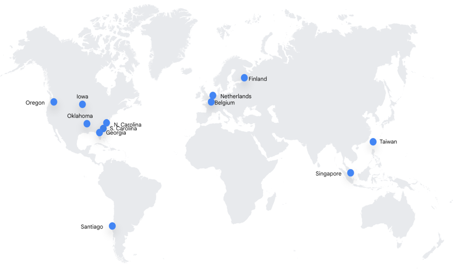 以蓝点显示数据中心位置的世界地图