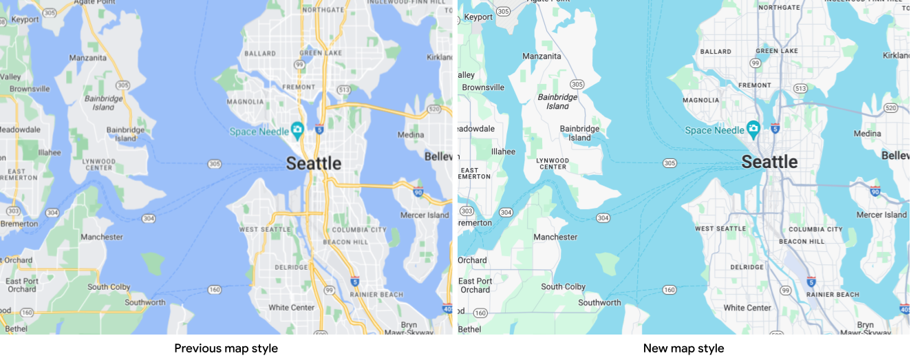 सिएटल के दो मैप, जिनमें पुराने मैप की स्टाइल को गहरे नीले पानी और पीले रंग की सड़कों के साथ दिखाया गया है, जबकि
हरे रंग के पानी और स्लेटी सड़कों की तुलना में, मैप की अपडेट की गई
स्टाइल को दिखाया गया है.