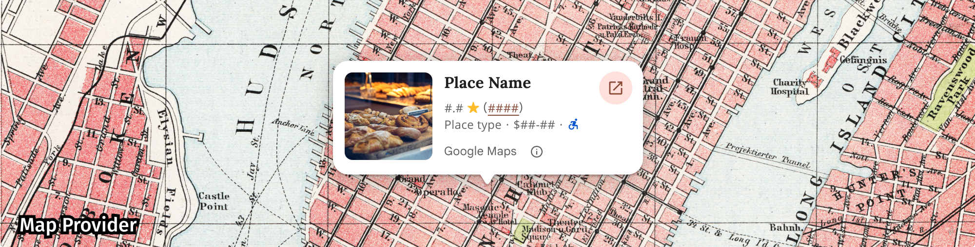 非 Google 地图上的 Places UI Kit 提供方信息示例