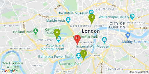 इस इमेज में शहर का मैप दिखाया गया है. इसमें उपयोगकर्ता की जगह लाल मार्कर के तौर पर और उसके आस-पास की जगहों को हरे रंग के मार्कर के तौर पर दिखाया गया है.