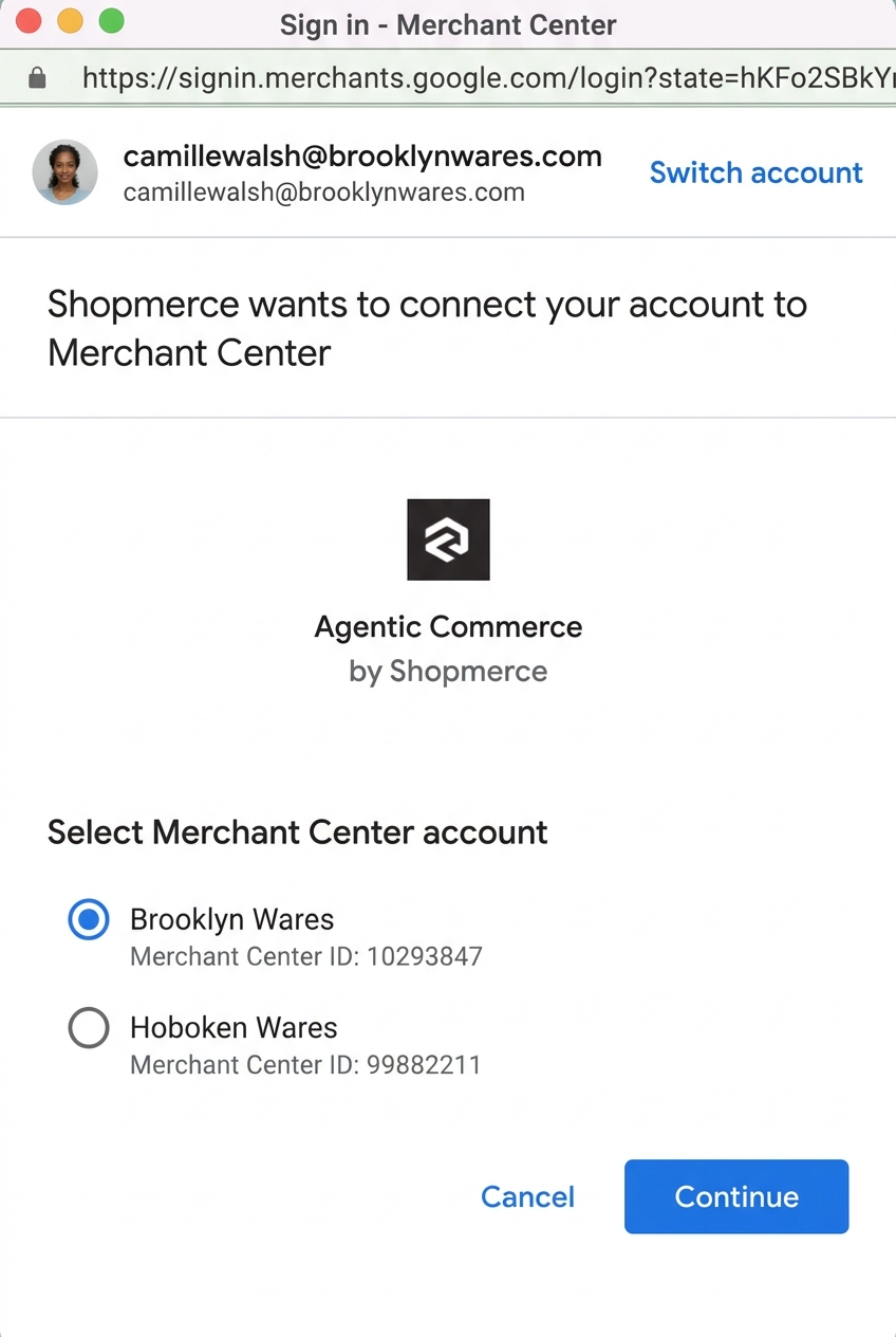 The merchant linking dialog showing the provider ID and internal merchant ID parameters.