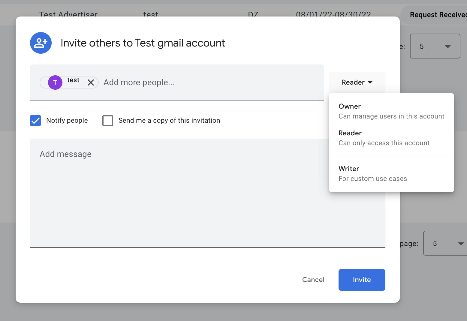 Adicionar e-mail e permissões