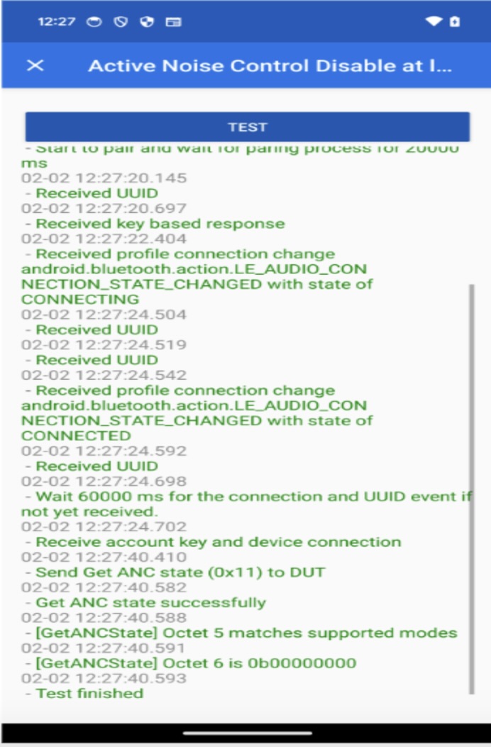 Ini menunjukkan pengujian Nonaktifkan ANC yang berhasil.