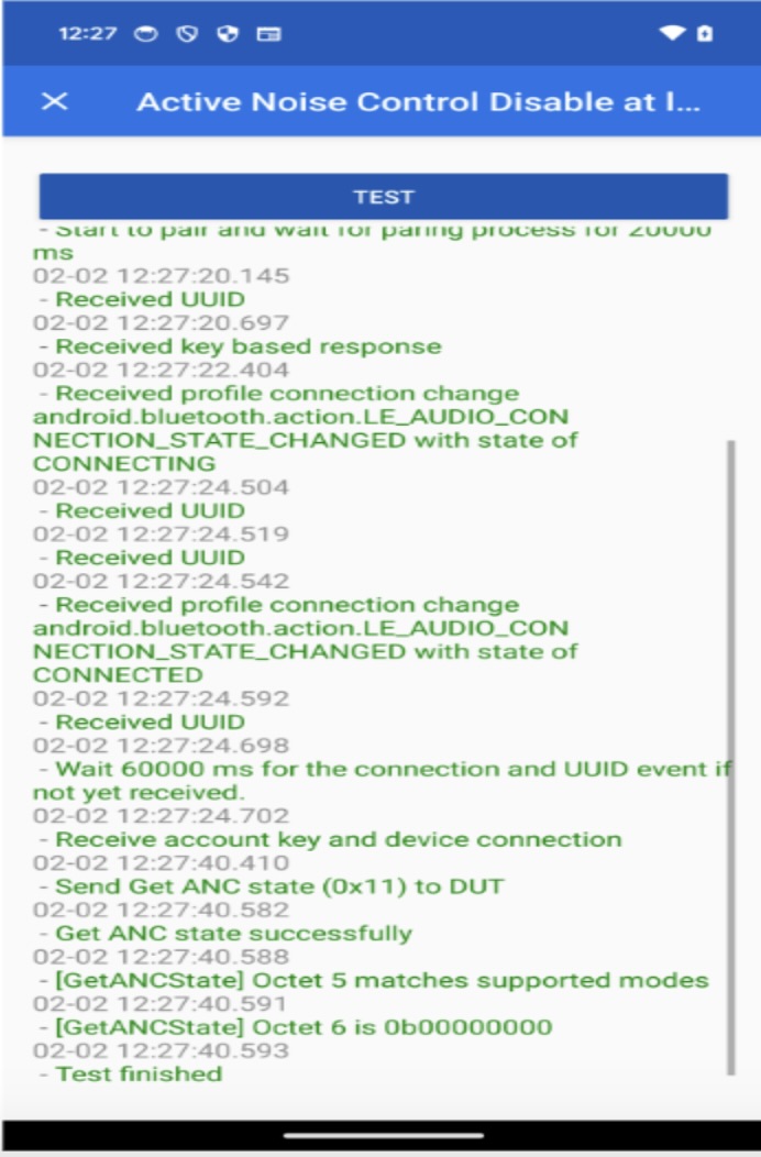 ภาพนี้แสดงการทดสอบการปิดใช้ ANC ที่สำเร็จ