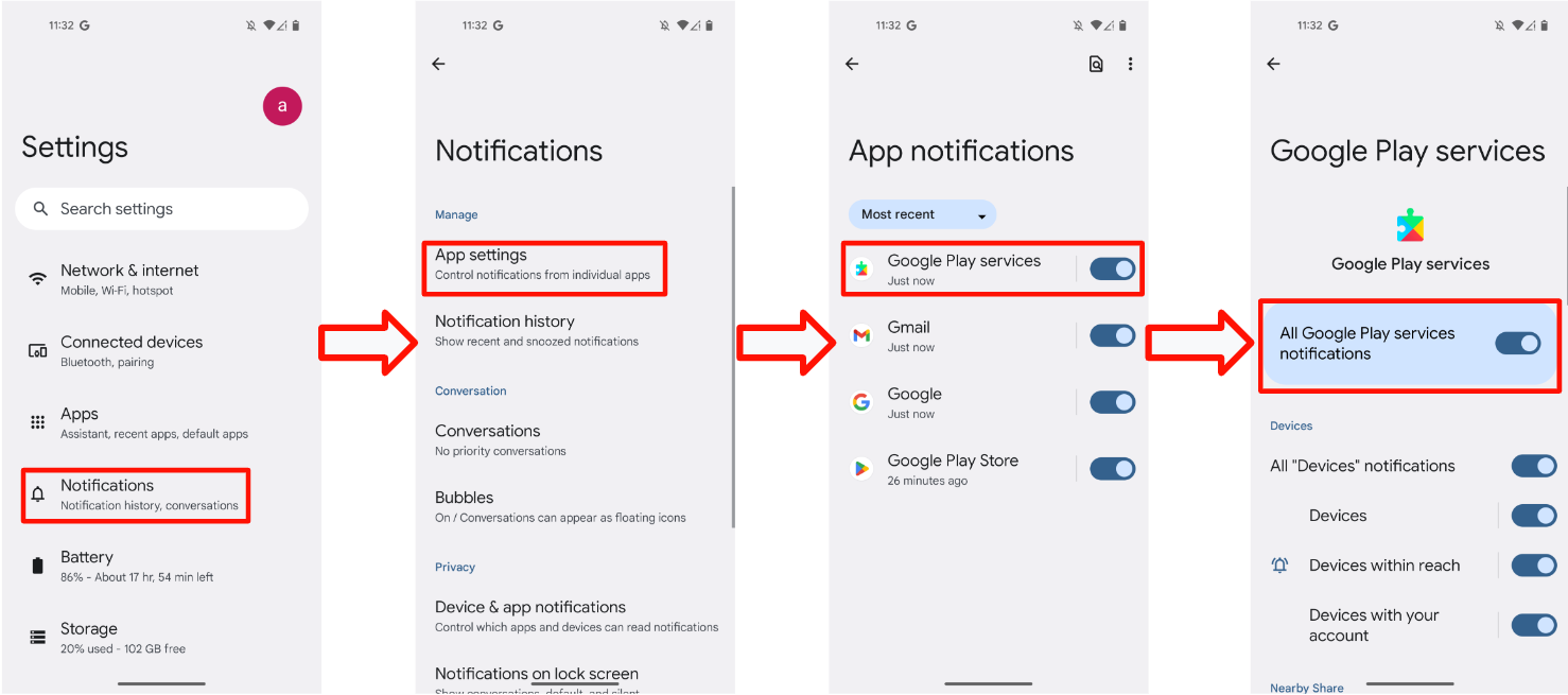 Cette figure montre comment activer ou désactiver les notifications dans les services Google Play.