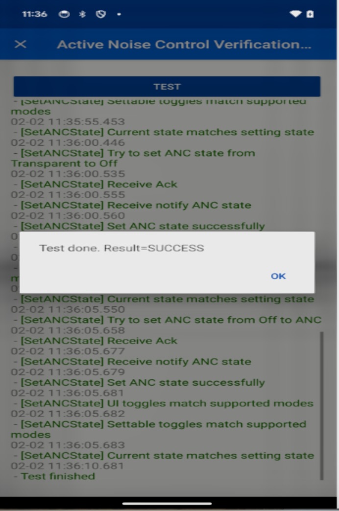 Bu resimde, başarılı bir ANC doğrulama testi gösterilmektedir.