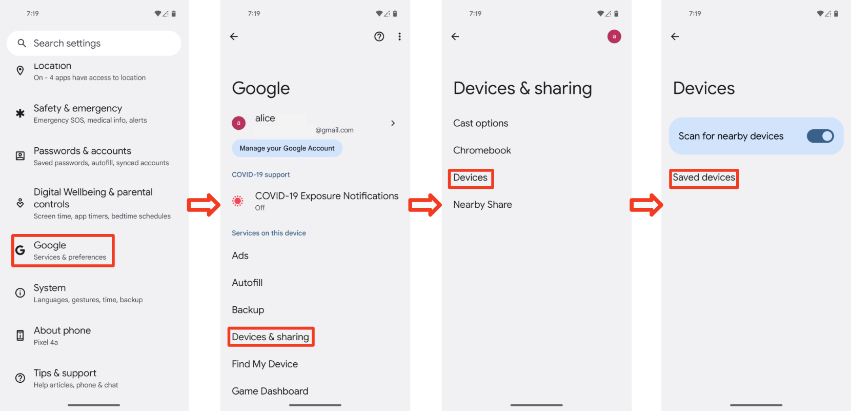 This shows the complete flow to finding paired devices, including scrolling down in the Settings page.