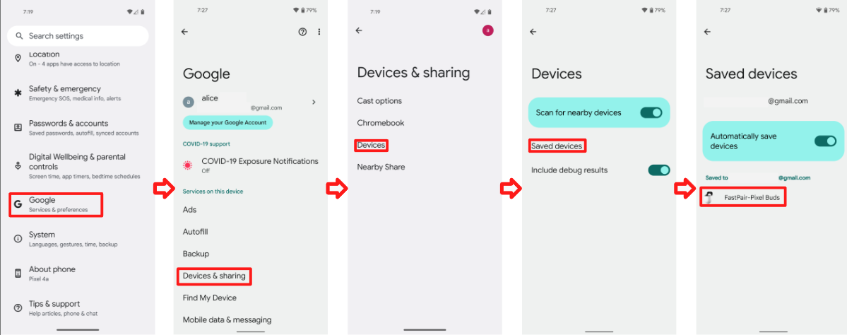 Hal ini menunjukkan alur lengkap untuk menemukan perangkat yang disambungkan, termasuk men-scroll ke bawah di halaman Setelan.