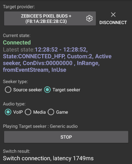 The test app covers several use cases. This picture is an example of the app running